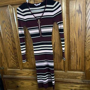 NOBO ZIP FRONT BURGUNDY/BLACK/PINK STRIPED LONG SLEEVE SWEATER DRESS XS-EUC